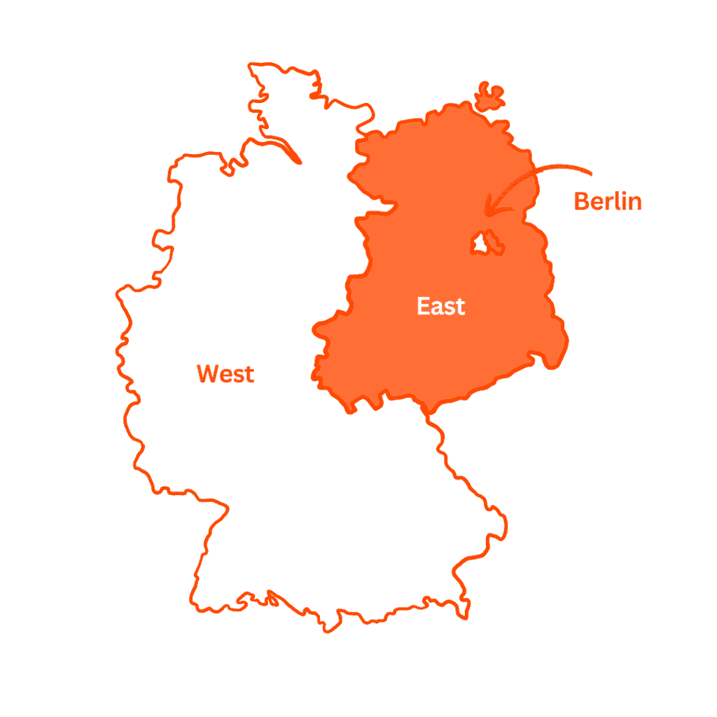 Divided Germany at the end of the Second World War, showing the East and West divide with Berlin outlined